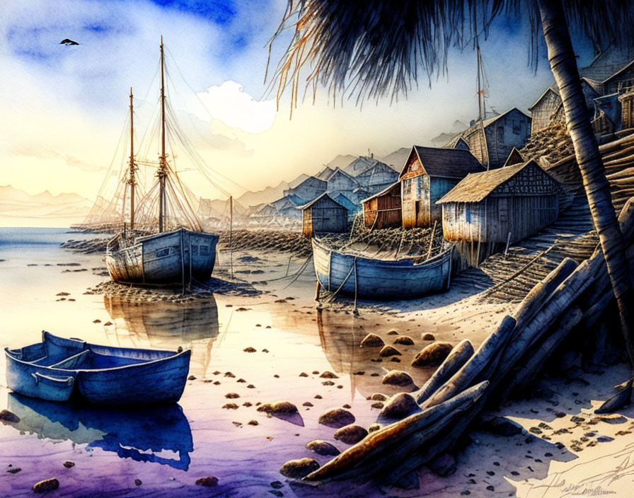 Serene seaside view: boats, stilt houses, mountains, bird, dusk light