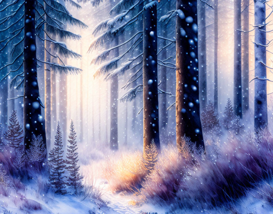 Winter forest with tall pines, golden light, and falling snowflakes