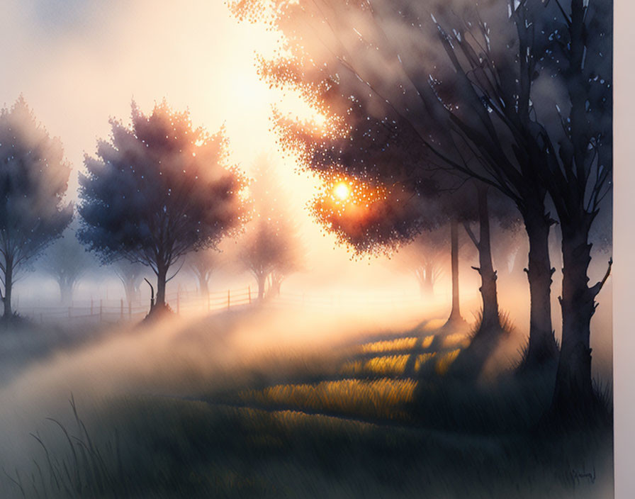 Tranquil misty sunrise landscape with warm sun glow on dewy grass