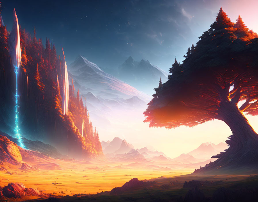 Fantastical landscape with crystal formations, massive tree, sunset sky, and mountains