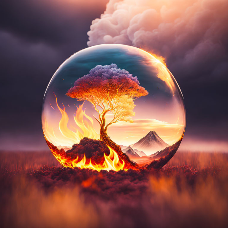 Surreal image of flaming tree in transparent sphere with mountain backdrop