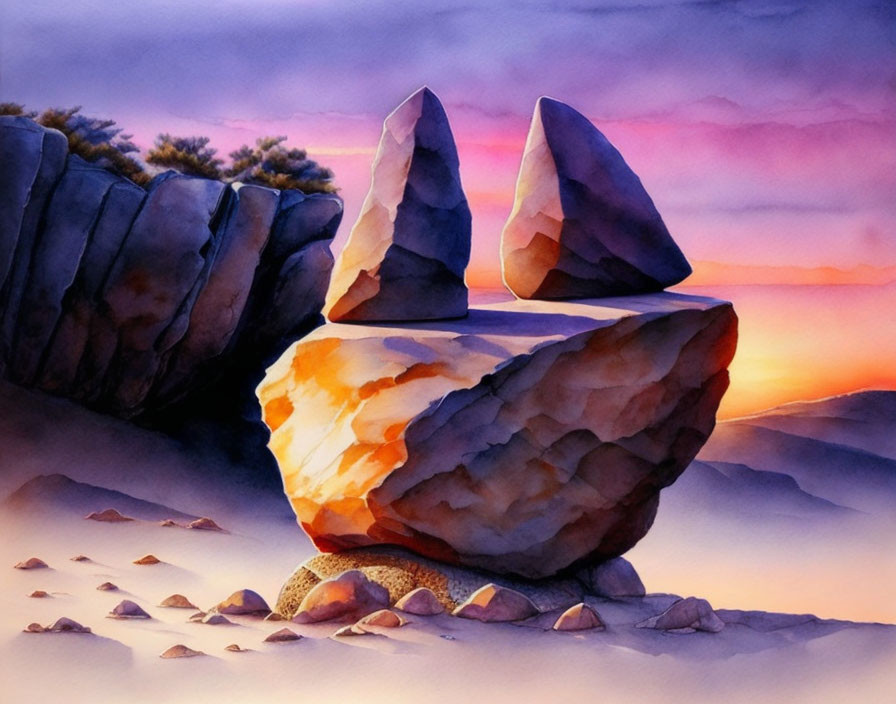 Vibrant sunset watercolor painting with balanced stones