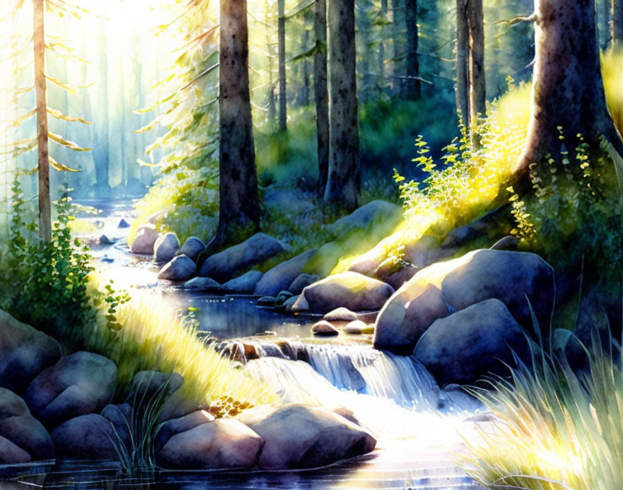 Forest stream illuminated by sunlight and lush greenery
