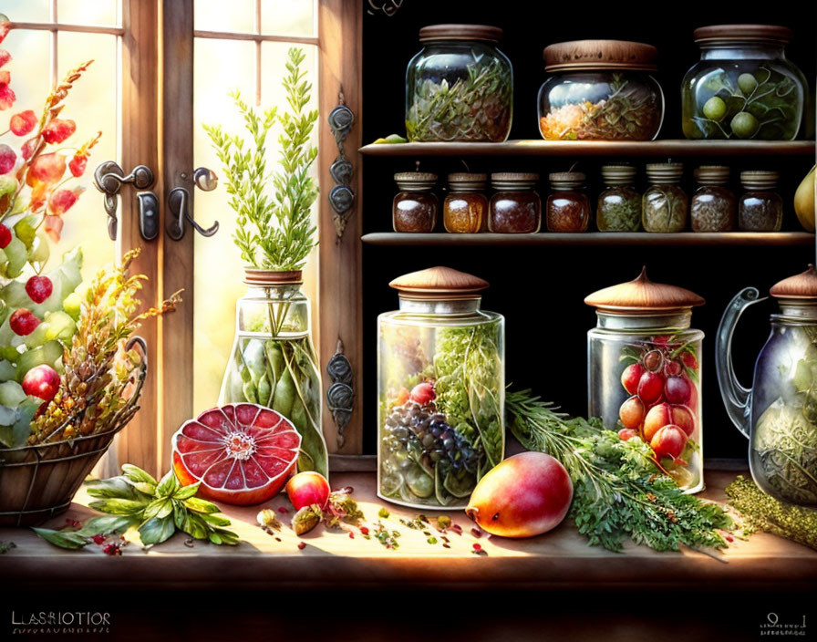 Sunlit Kitchen Window with Spice Jars and Fresh Produce