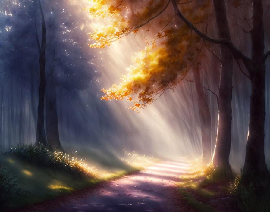 Misty forest scene with sunlight illuminating autumn leaves