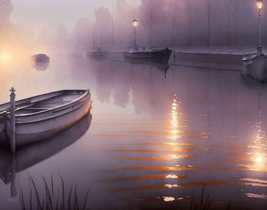 Tranquil twilight scene of misty lake with rowboats, lamplight reflections, trees,
