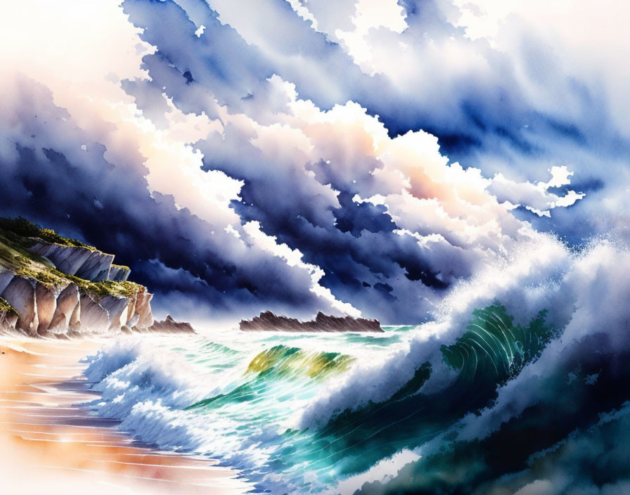 Dynamic seascape watercolor painting with crashing waves and rocky cliffs