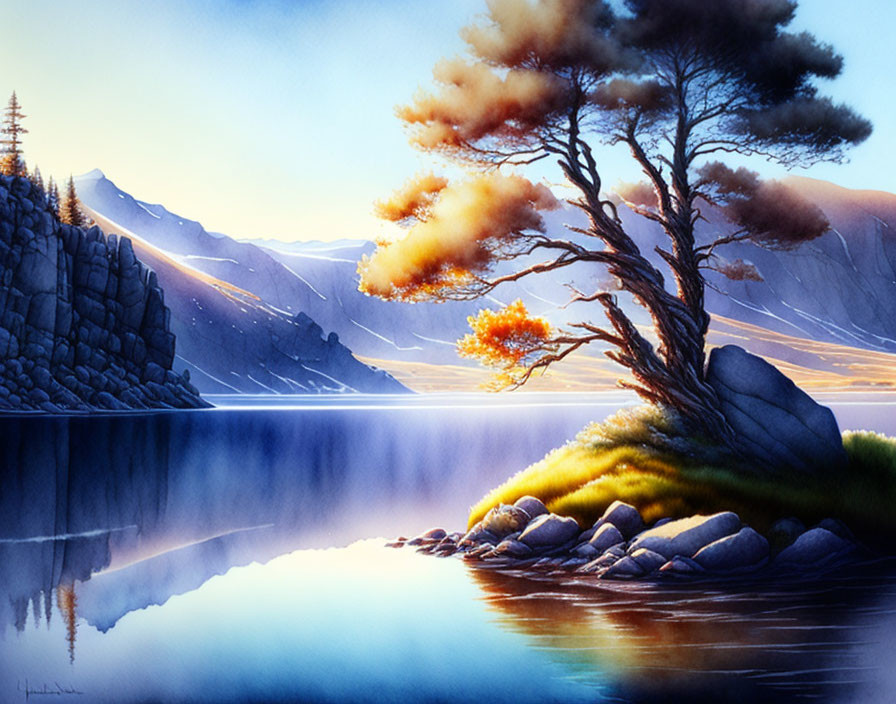Serene lake at dawn with tree on rocky outcrop & mountains in background