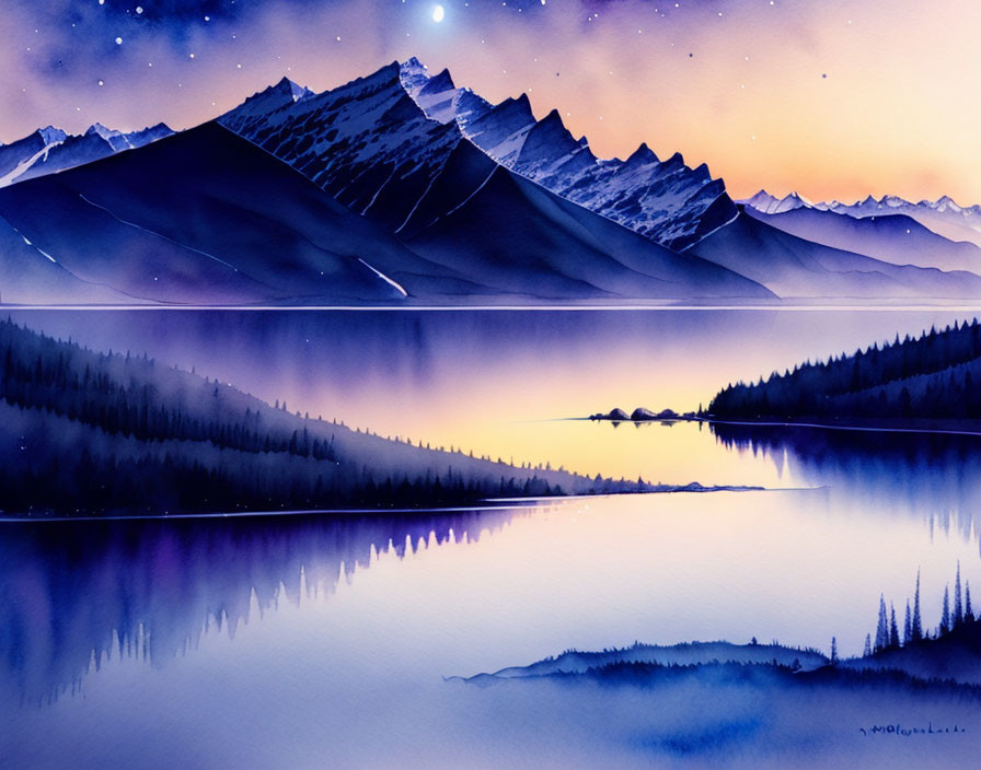 Mountain Range Reflected in Calm Lake Watercolor Art