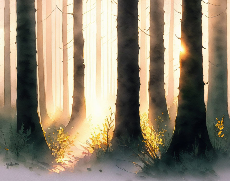 Serene forest watercolor with sunlight filtering through tall trees