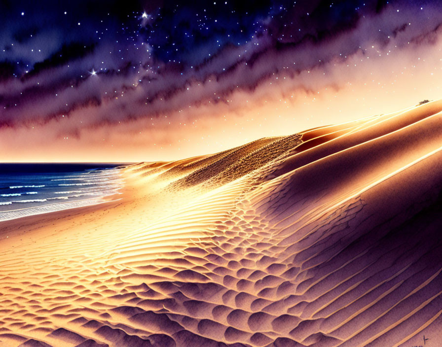 Starry sky over sand dunes at twilight with shadowy ripples