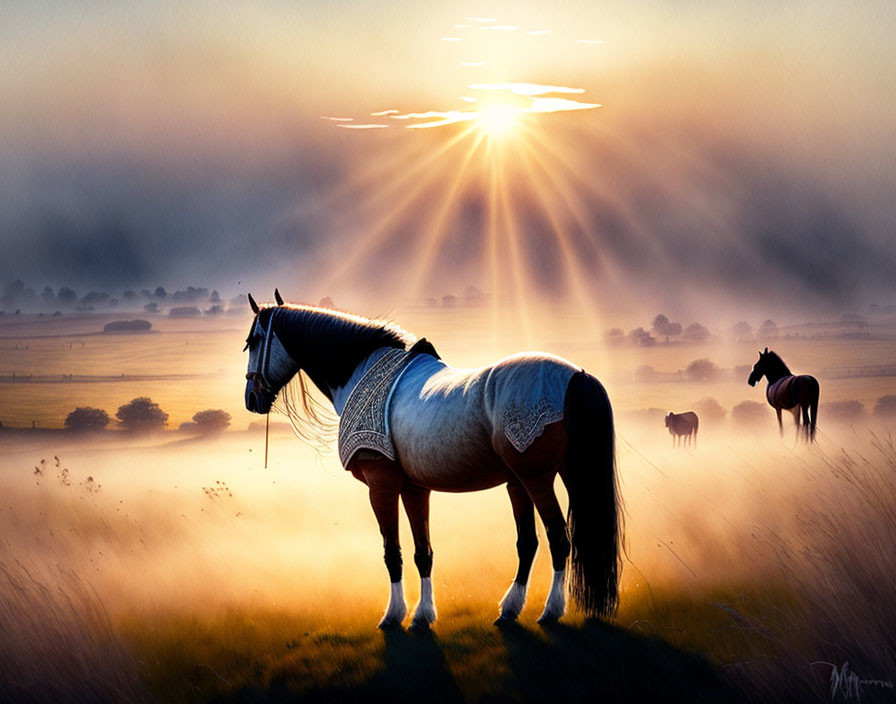 White Horse in Golden Field at Sunrise with Mist and Second Horse