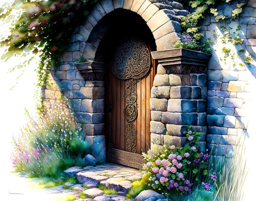 Ornate Wooden Door in Stone Archway with Greenery and Flowers