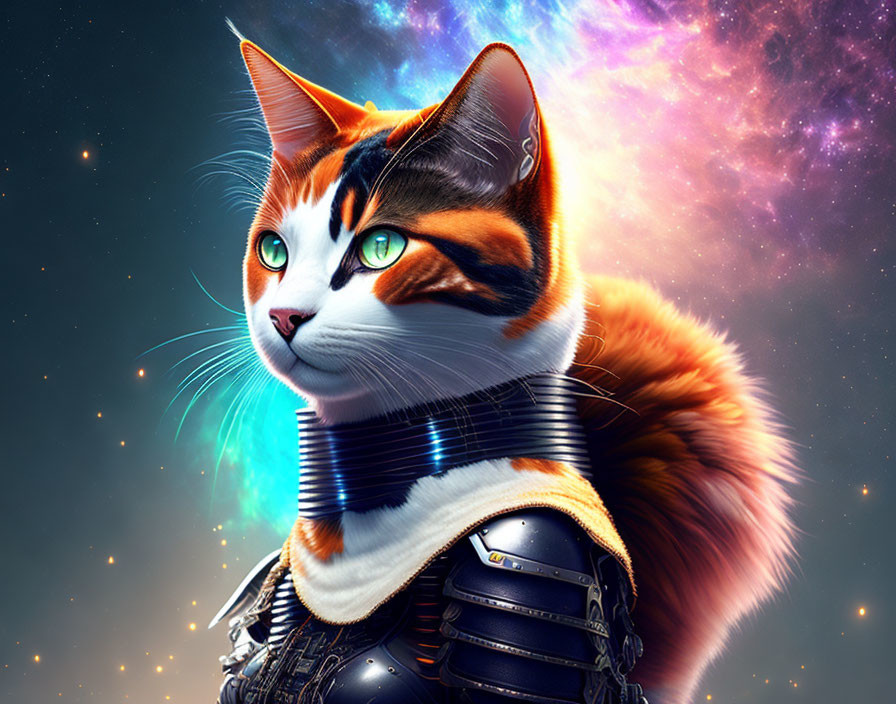 Detailed Digital Illustration of Anthropomorphic Cat in Futuristic Armor & Cosmic Backdrop