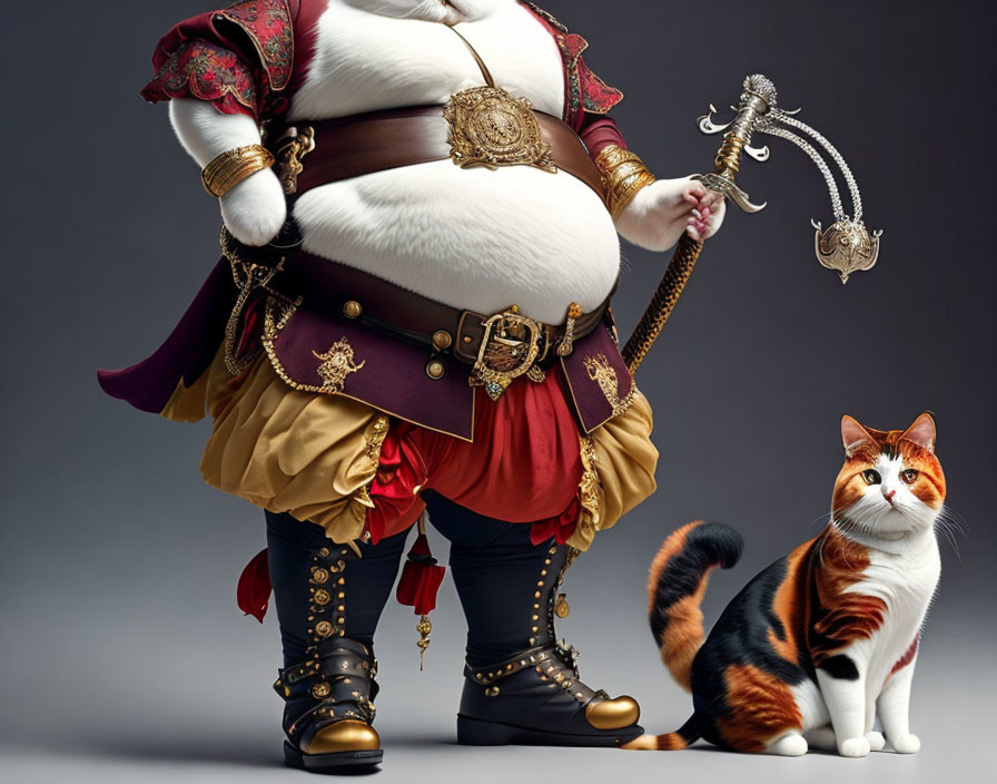 Plump animated pirate character with large belly and cat in rich costume