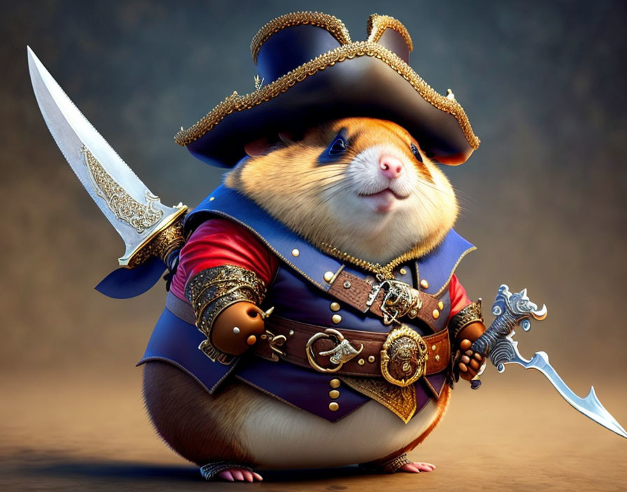 Illustration of anthropomorphic hamster as pirate with sword and costume