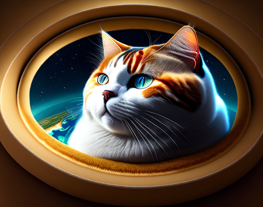 Orange and White Cat with Blue Eyes Looking Through Space Porthole