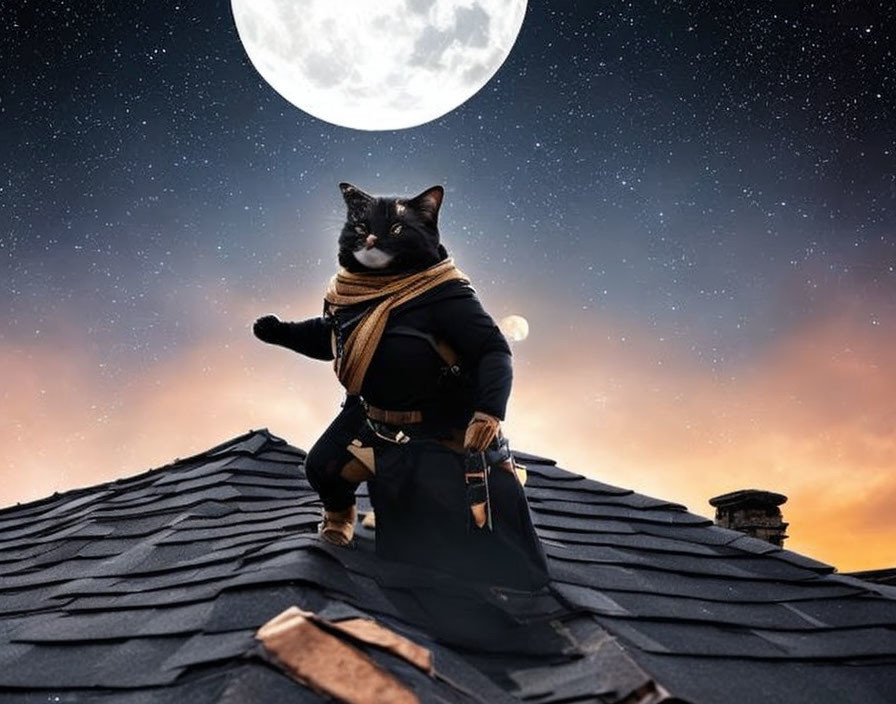 Cat in ninja costume on rooftop under full moon