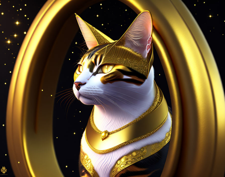Regal Cat with Pharaoh-like Headdress in Cosmic Setting