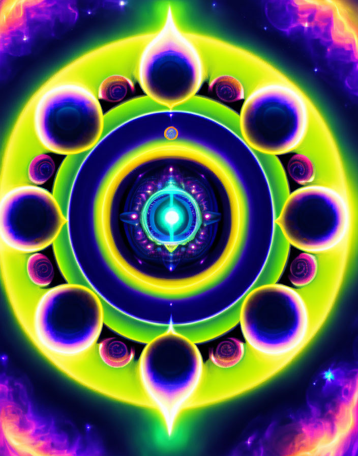 Colorful Fractal Art: Concentric Circles, Glowing Orbs in Psychedelic Palette