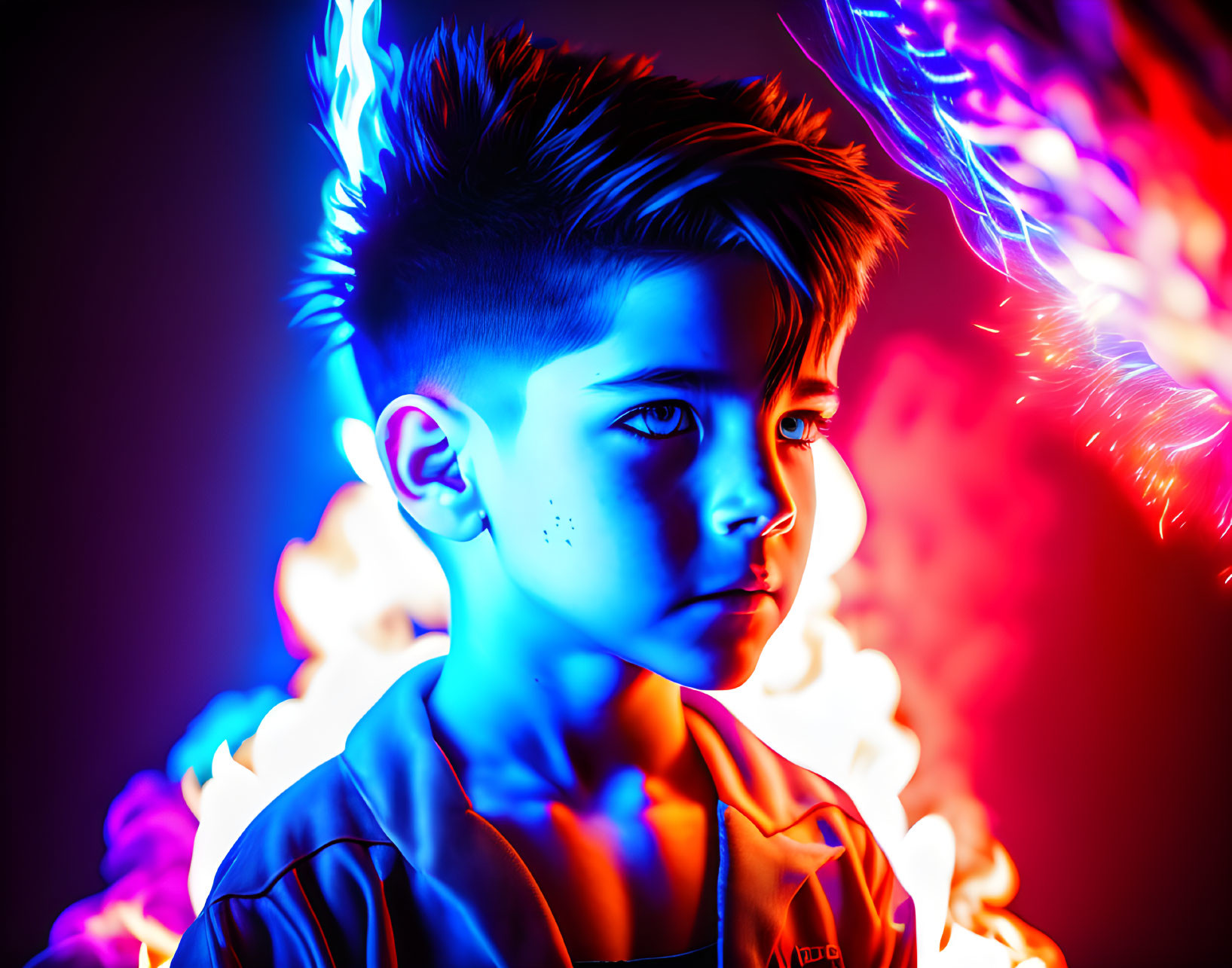 Portrait of a boy under vibrant blue and red neon lights