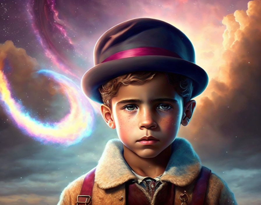 Young boy in vintage attire with captivating eyes against surreal galaxy backdrop