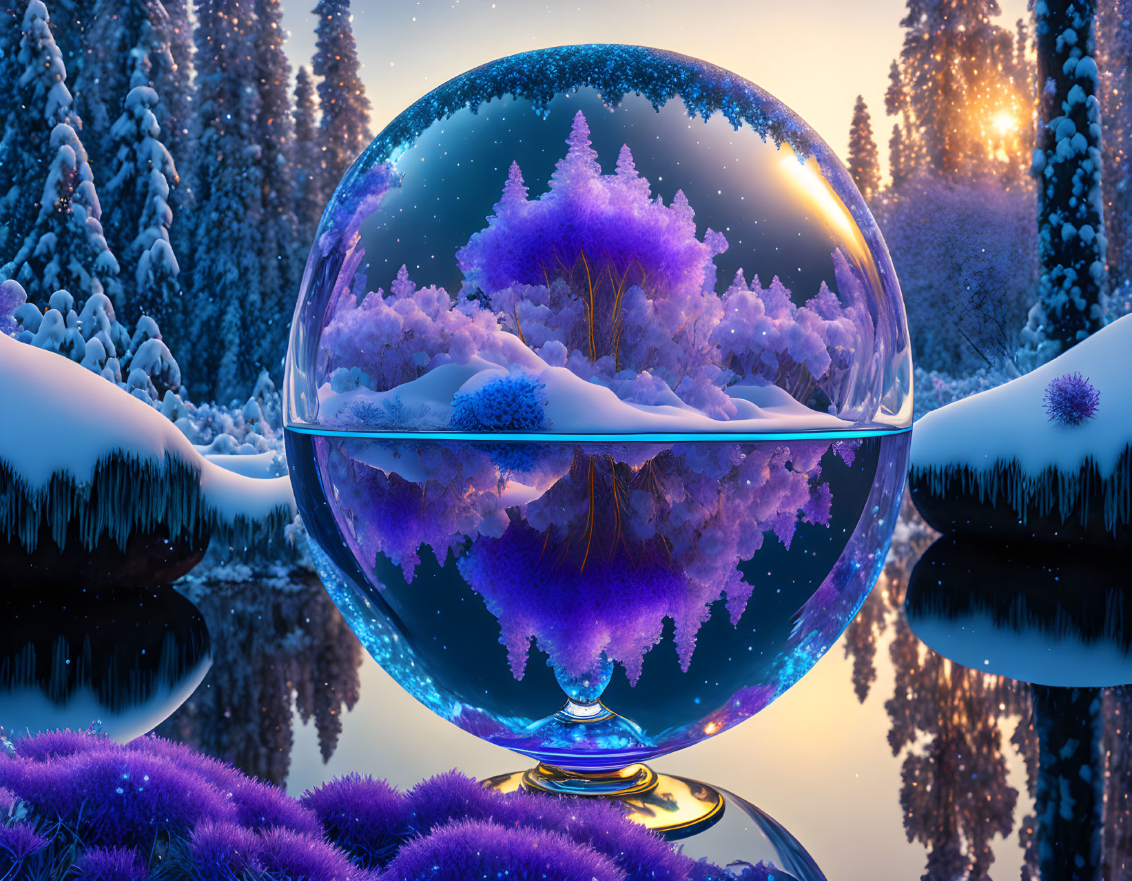 Winter forest scene in crystal ball at sunrise