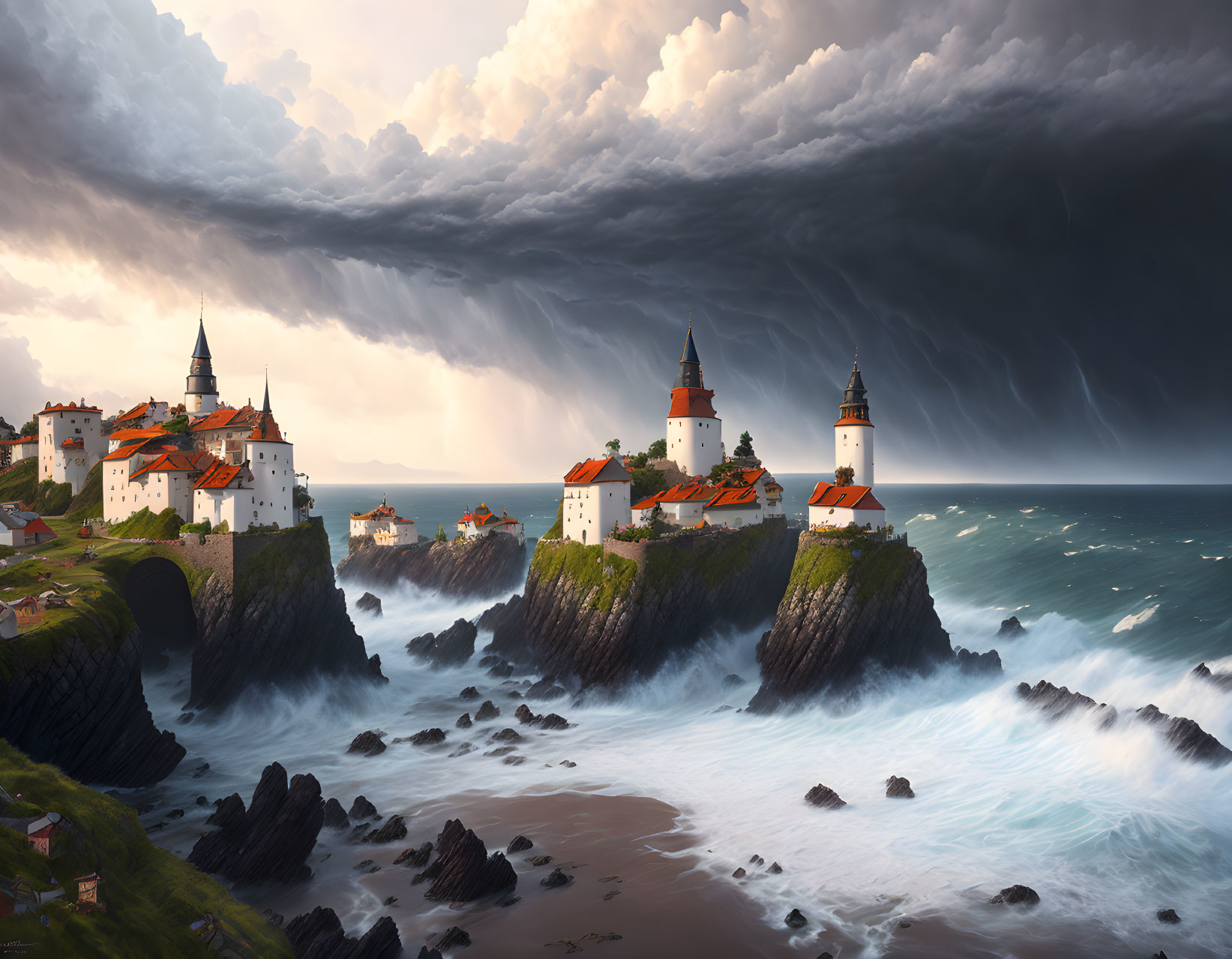 Fortified town and lighthouses on cliffs in stormy coastal scene