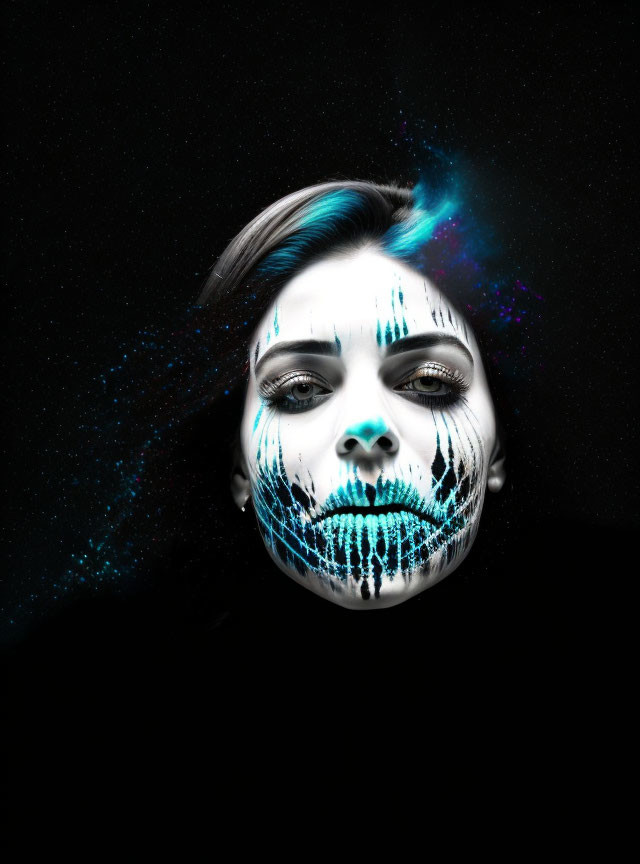 Person with Black, White, and Blue Face Paint on Dark Background