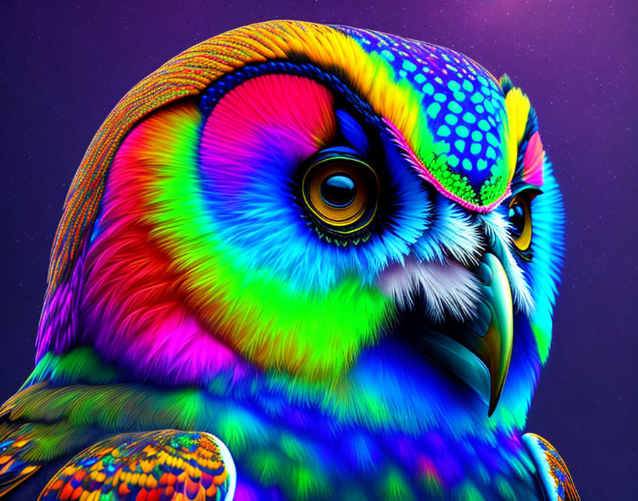 Colorful Owl Artwork with Neon Palette on Starry Night Background