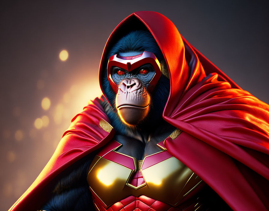 Solemn ape in superhero costume with red cape and mask on moody backdrop