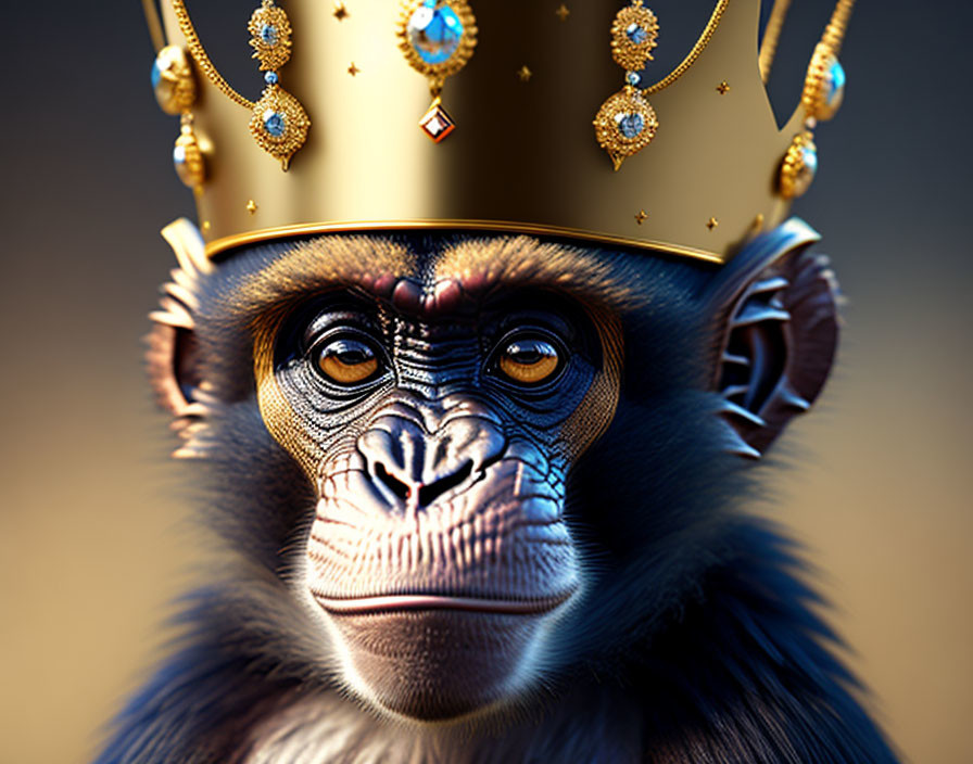 Detailed chimpanzee portrait with solemn expression wearing ornate golden crown.