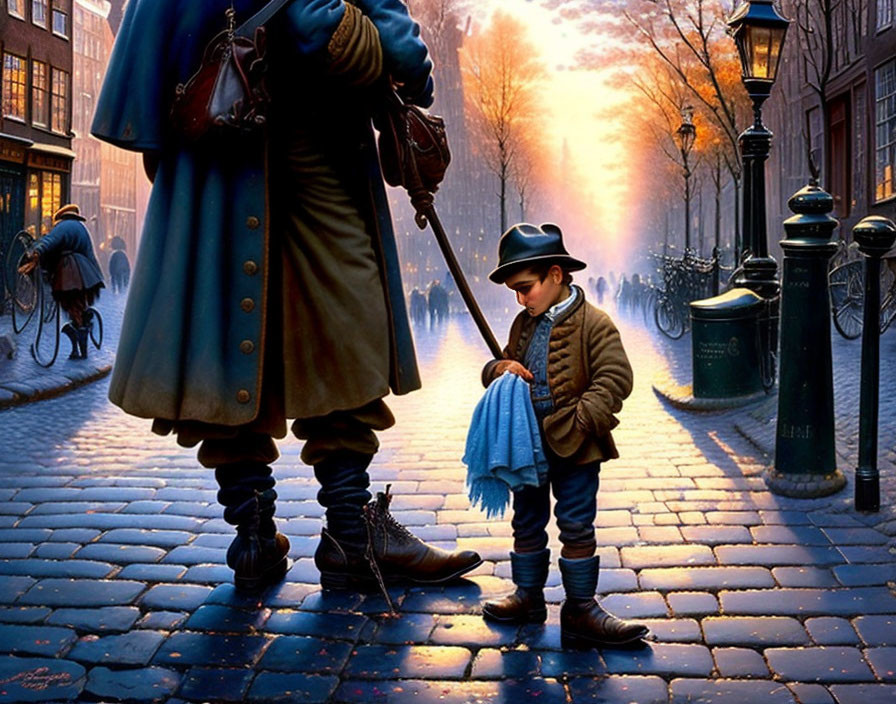 Young boy in old-fashioned hat and coat on cobblestone street gazes at tall man in blue
