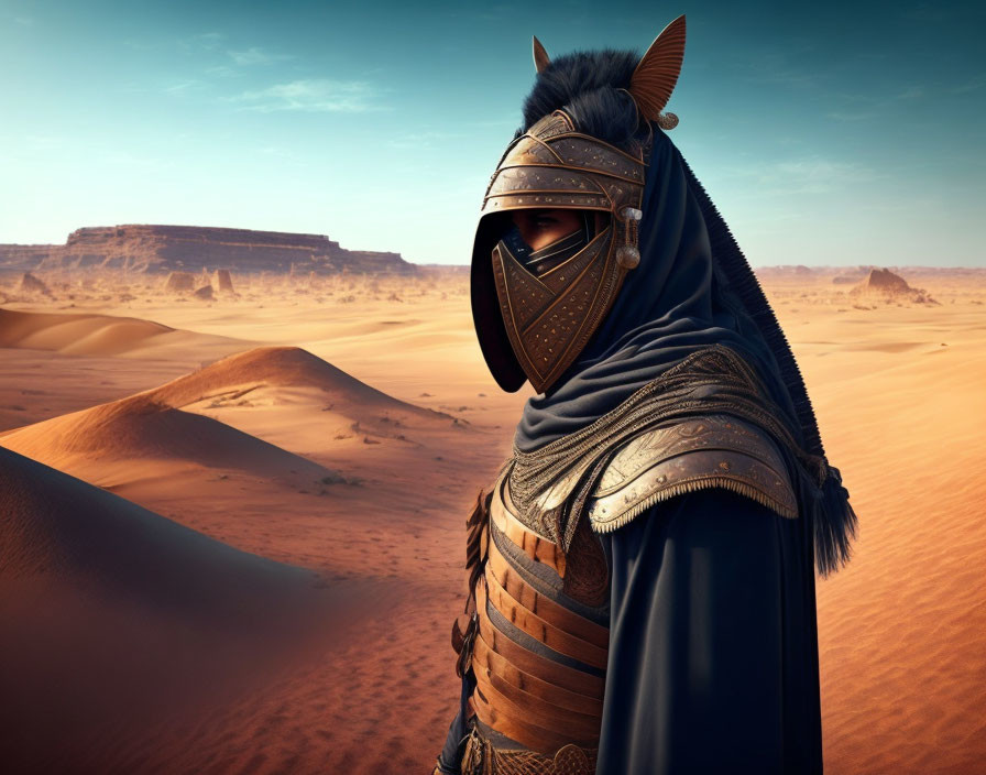 Person in ornate armor with masked helmet in desert landscape.