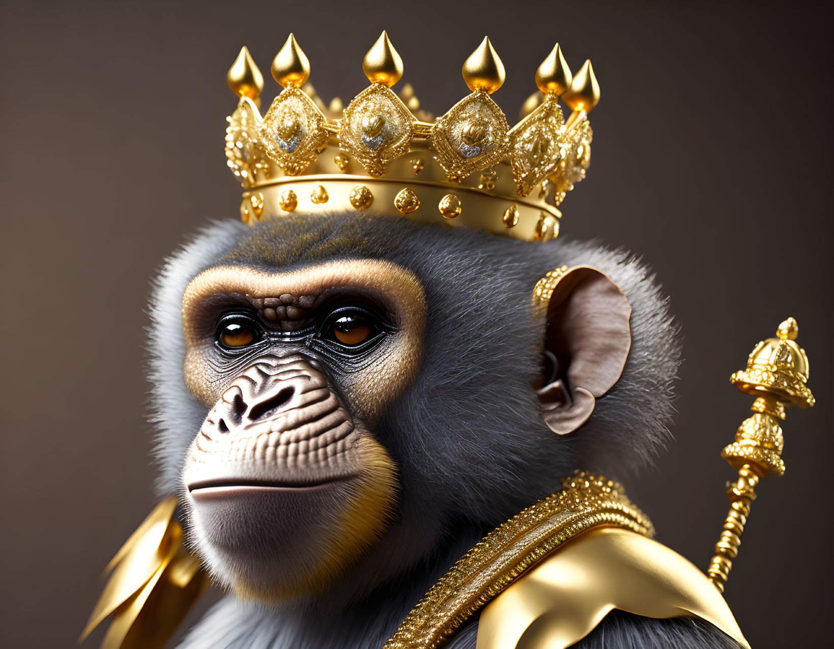 Realistic 3D illustration: Gorilla in golden crown and jewelry with scepter on brown background