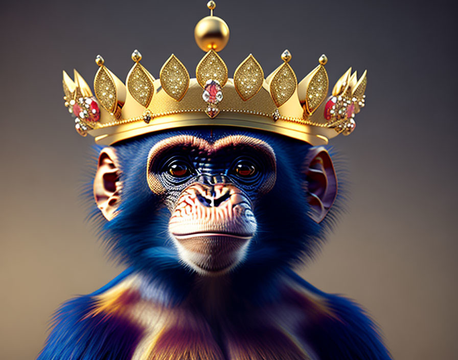 Blue-faced mandrill with gold crown and jewels portrait.