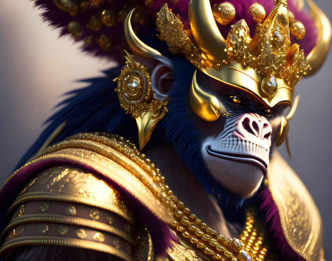 Detailed image: Majestic baboon in golden armor and crown against soft-focus background