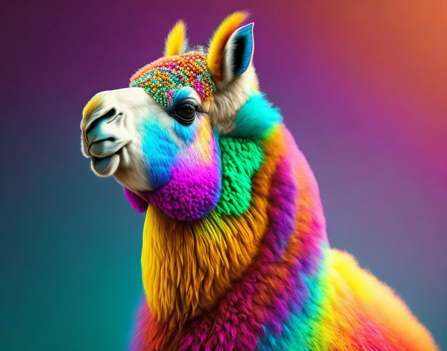 Vibrant rainbow llama on gradient backdrop