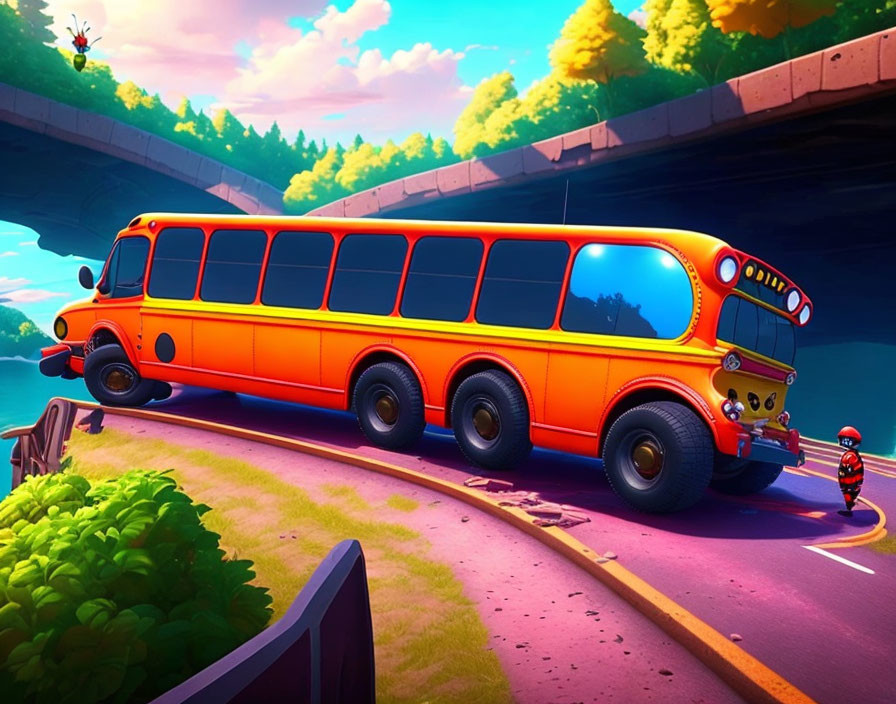 Vibrant animated image of a sentient school bus under a sunny bridge