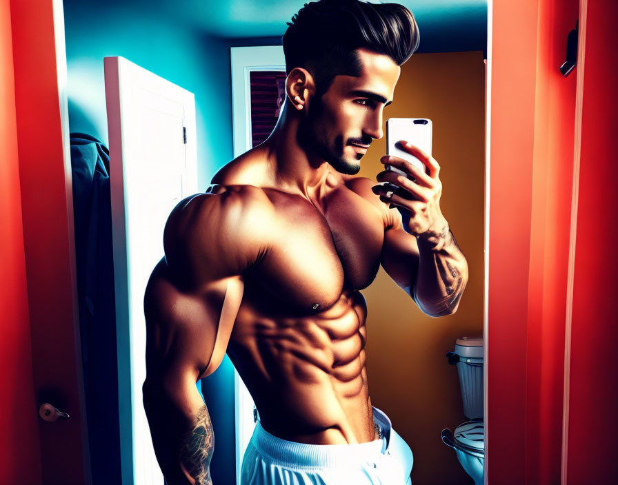 Muscular man with tattoo takes selfie in colorful room mirror