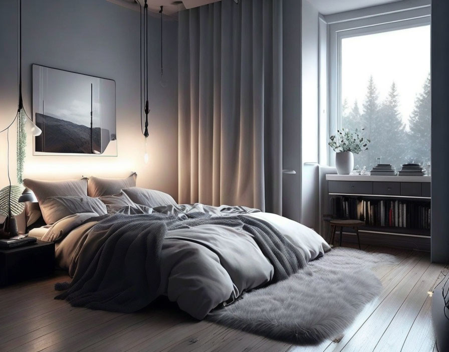 Spacious bedroom with gray bedding, snowy tree view, bookshelf, and hanging light
