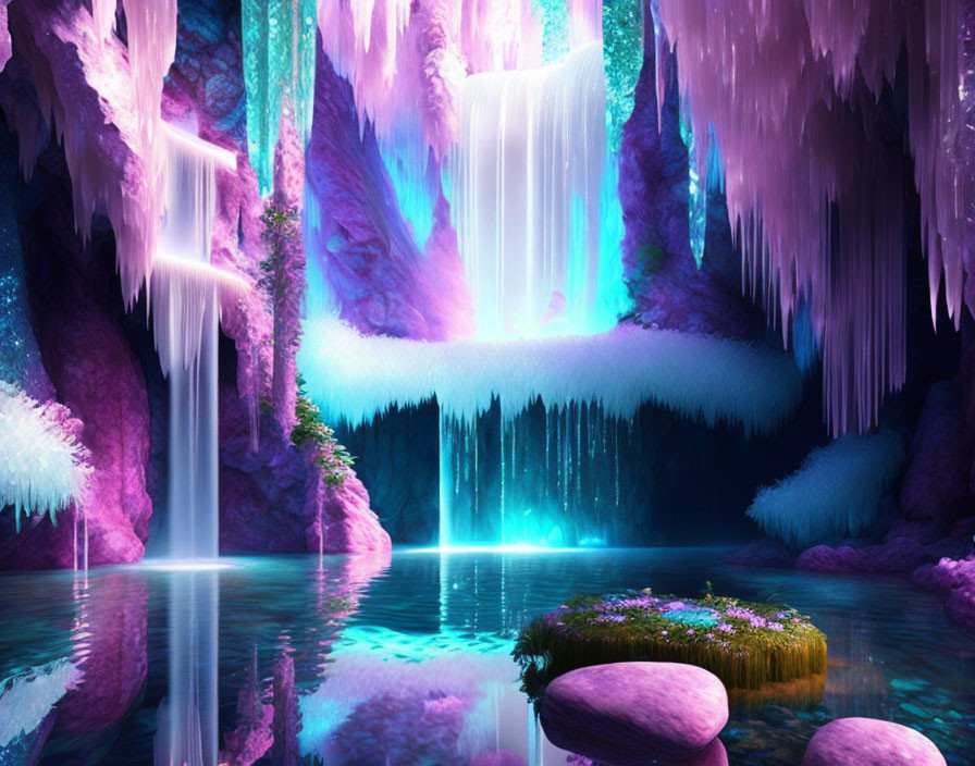 Iridescent Cave with Glowing Waterfalls and Vibrant Flora