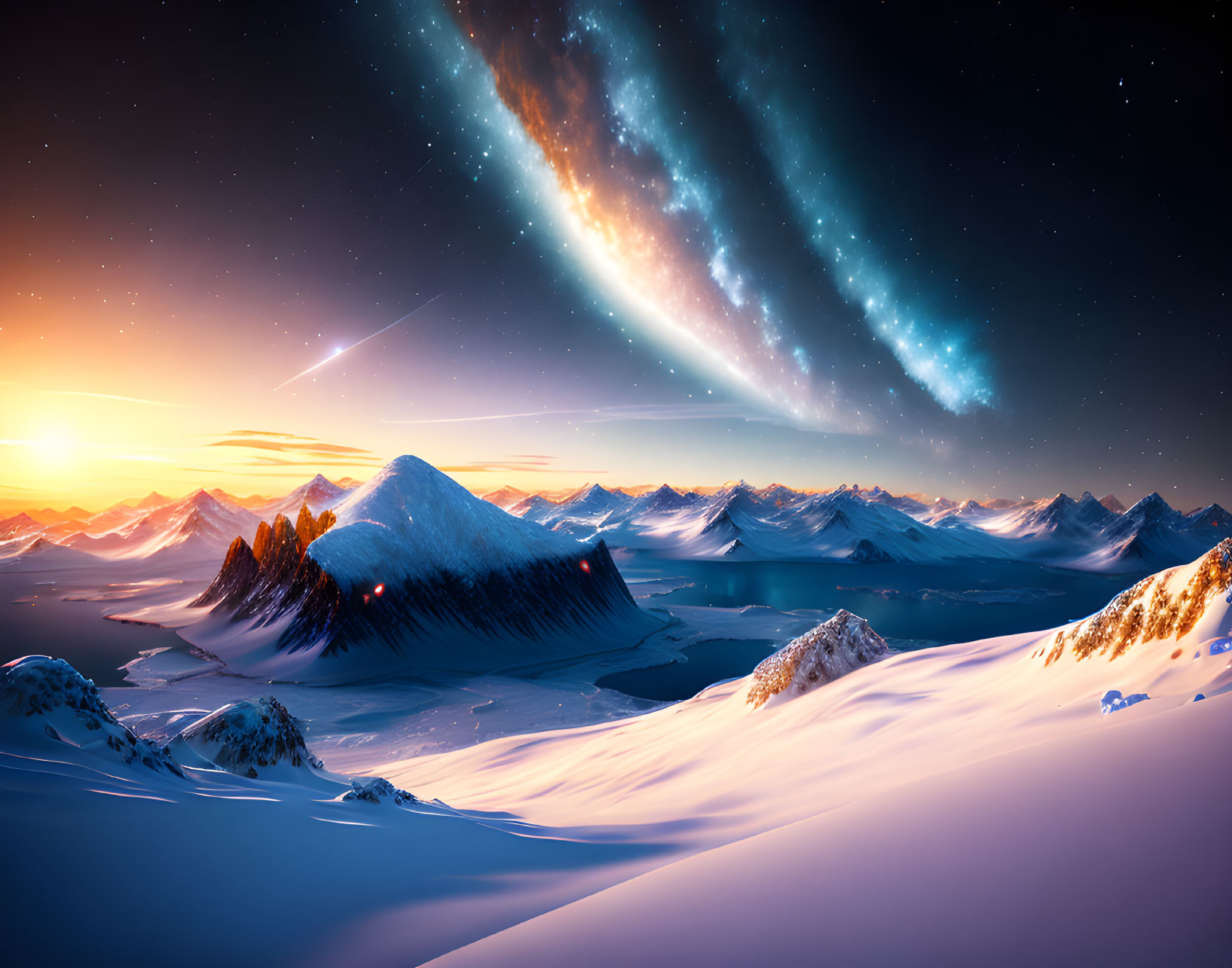 Snowy mountains under starry sky with meteor shower and sunrise horizon