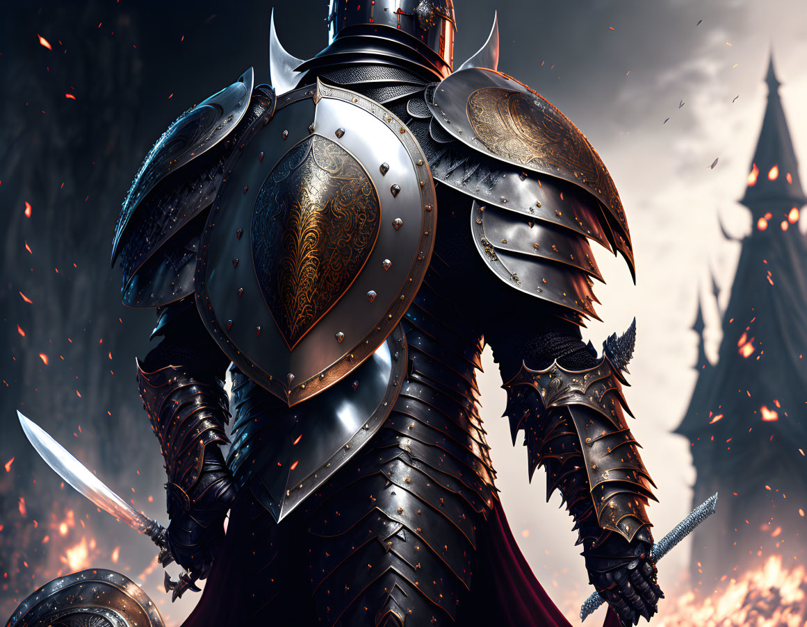 Armored knight with dagger and sword on fiery battlefield with castle silhouette