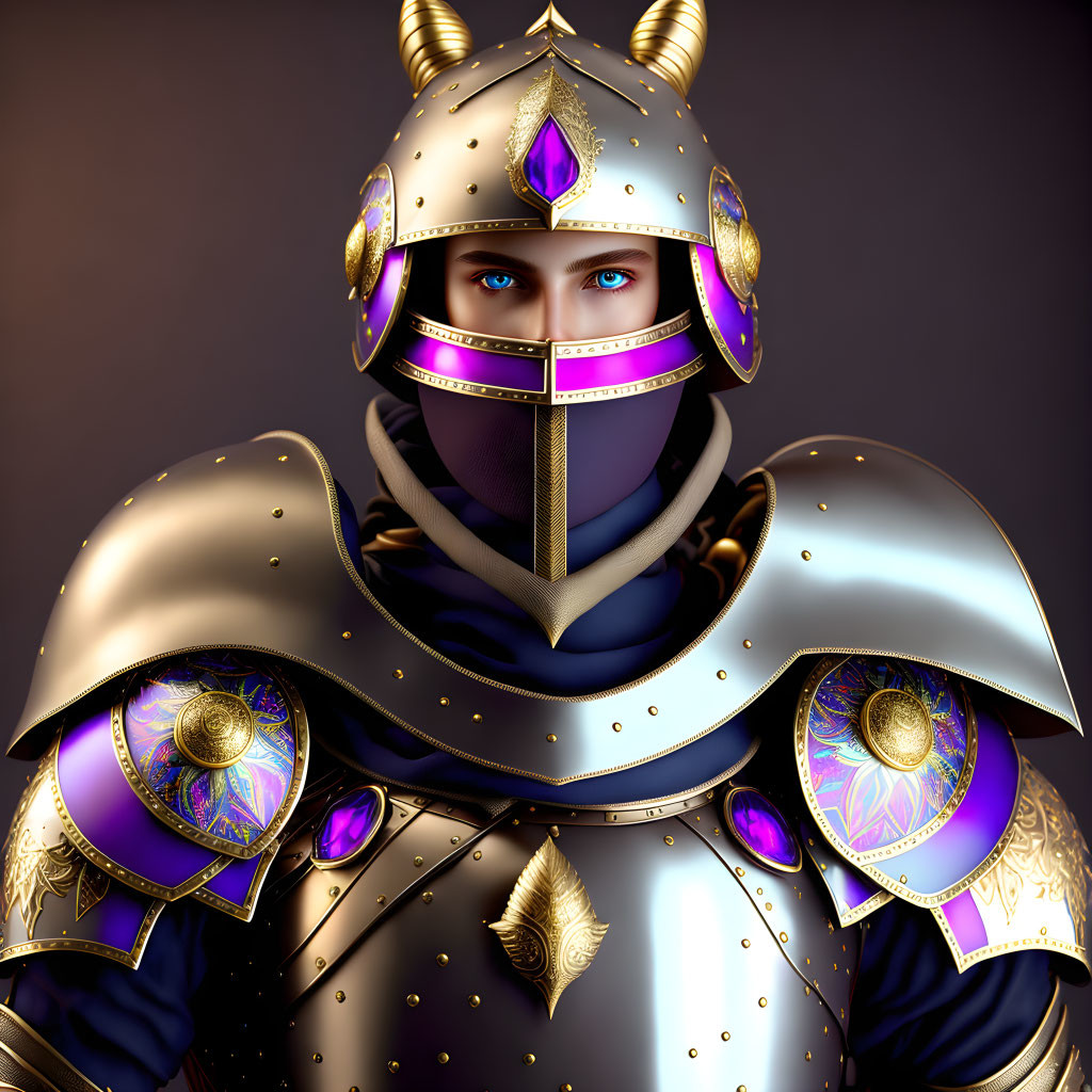 Portrait of person in ornate armor with purple gemstone helmet and gold details on dark background