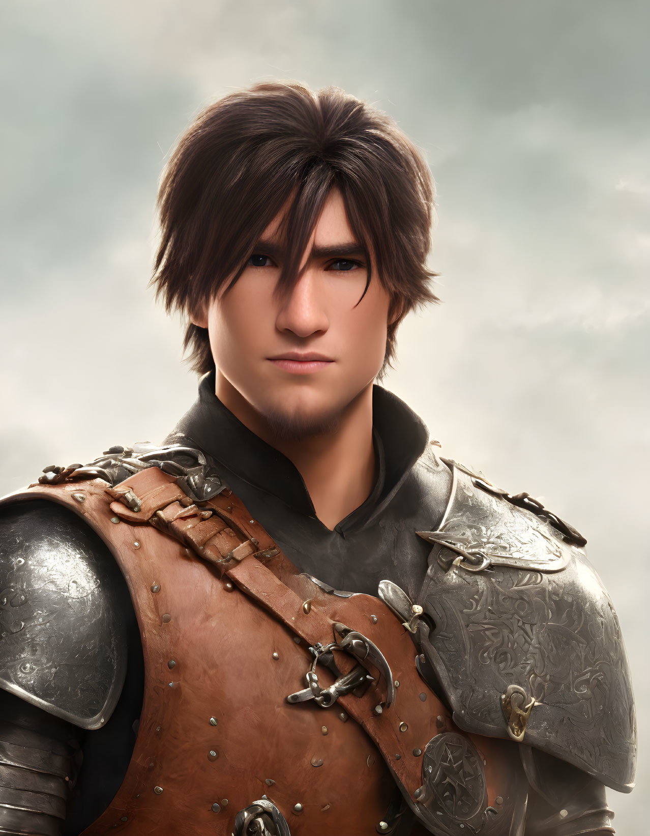 CGI Male Character in Medieval Armor with Brown Hair against Cloudy Sky