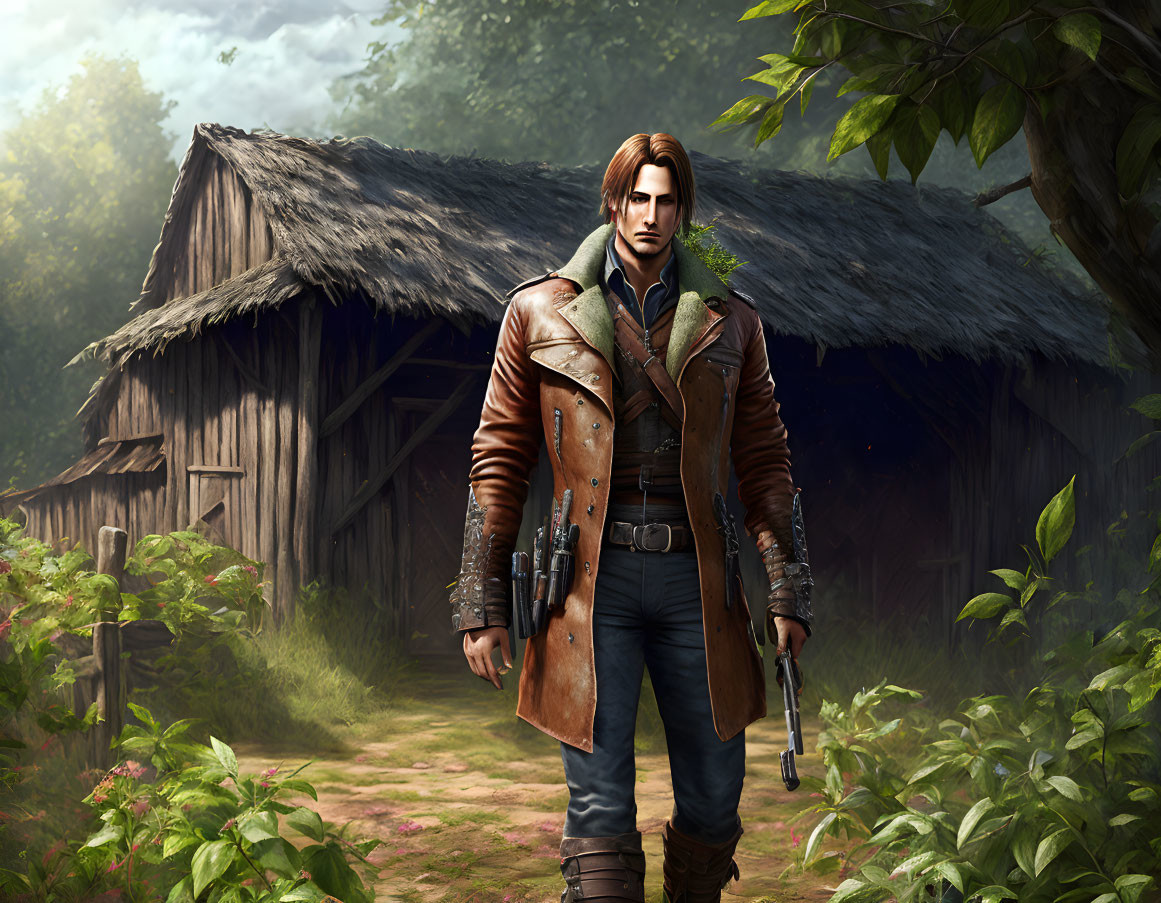 Confident man with revolver in rustic setting wearing leather jacket and green scarf