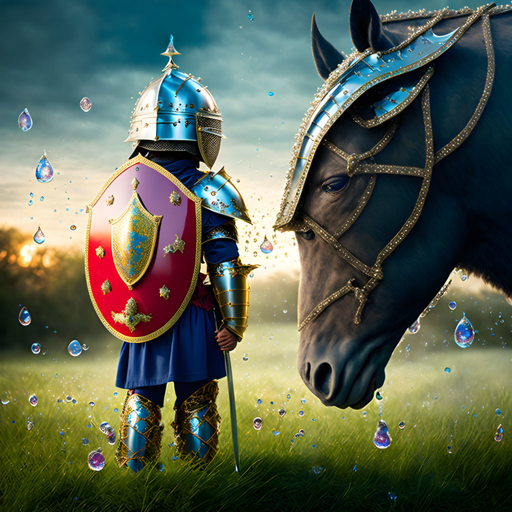 Medieval knight in shining armor with horse in grassy field under sunlight.
