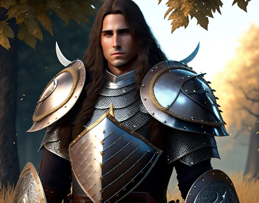 Young adult knight, long brown tied hair, chainmai