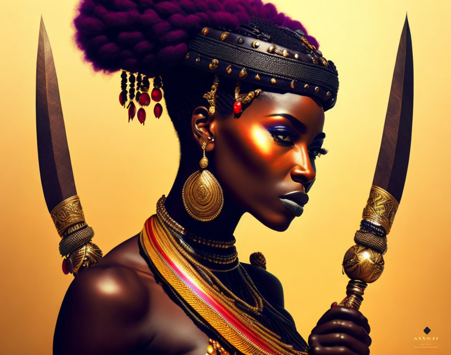 African woman in traditional attire with spears and gold jewelry